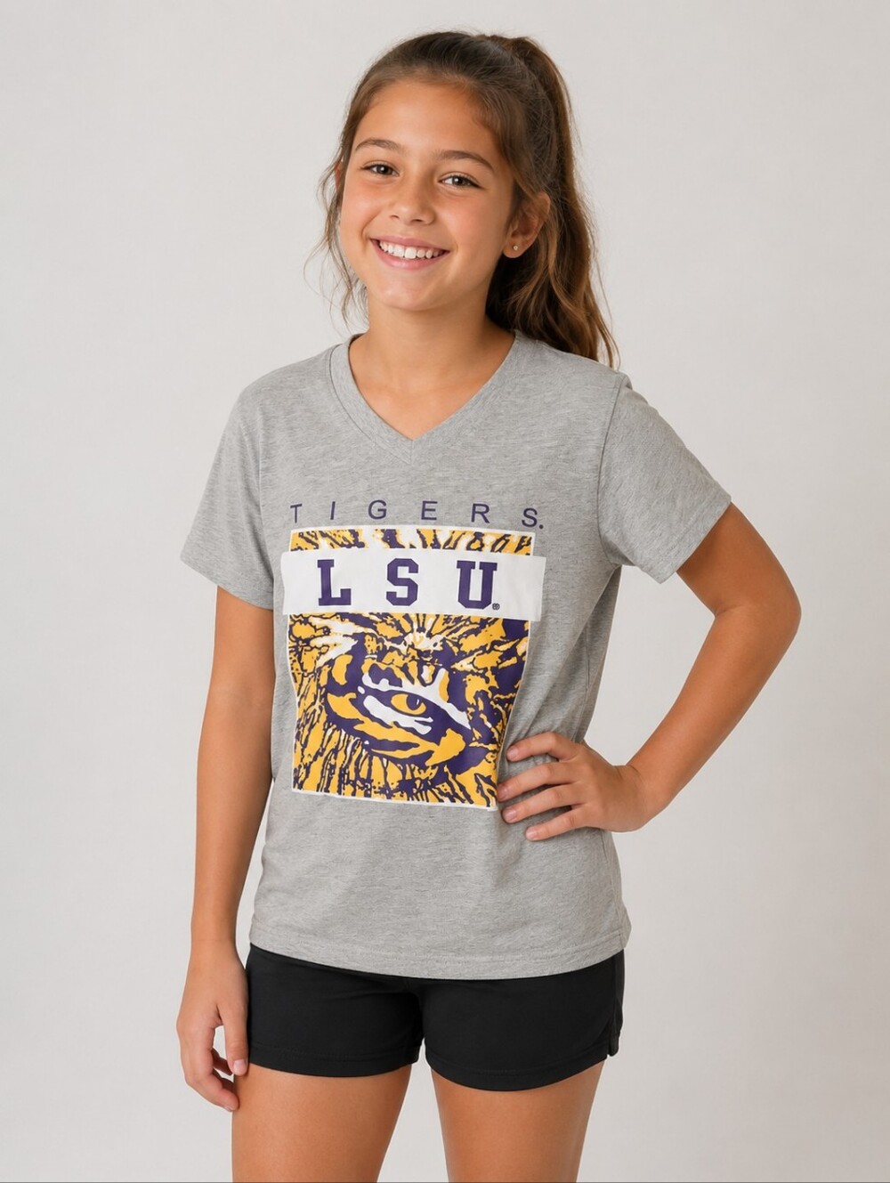 LSU Tigers Gray V-Neck Tee By Team Athletics Girls L 10/12 New With Tag